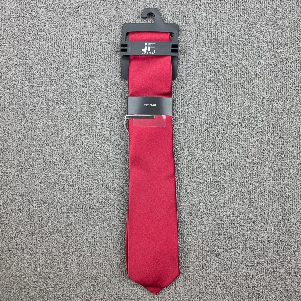 J.Ferrar Tie Bar Set Mens Burgundy Red Satin Modern Microfiber Necktie 2.75